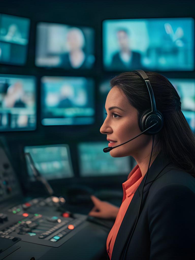Regisseurin mit Headset vor mehreren Bildschirmen in der Bildregie