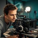 Flicker Kazda richtet eine Studiokamera auf einem Dolly für eine österreichische Produktion aus