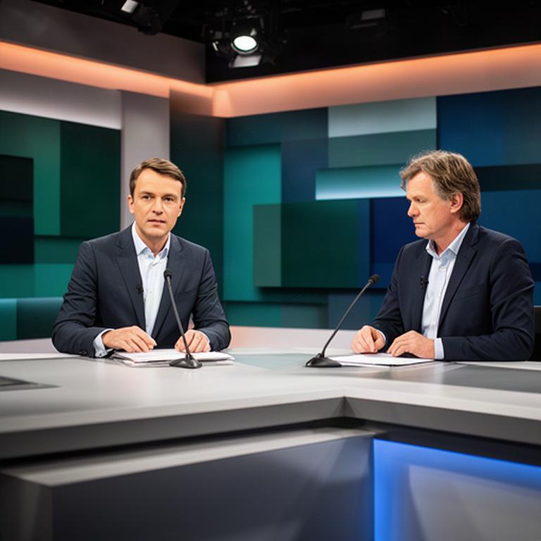 Flicker Kazda an einem Nachrichtentisch mit Studiolicht und Notizen zur Sendung