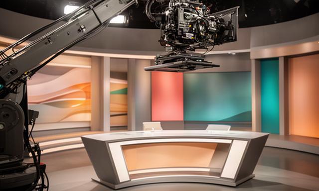 Kamerakran schwenkt über ein beleuchtetes Studio-Set mit Moderatorentisch