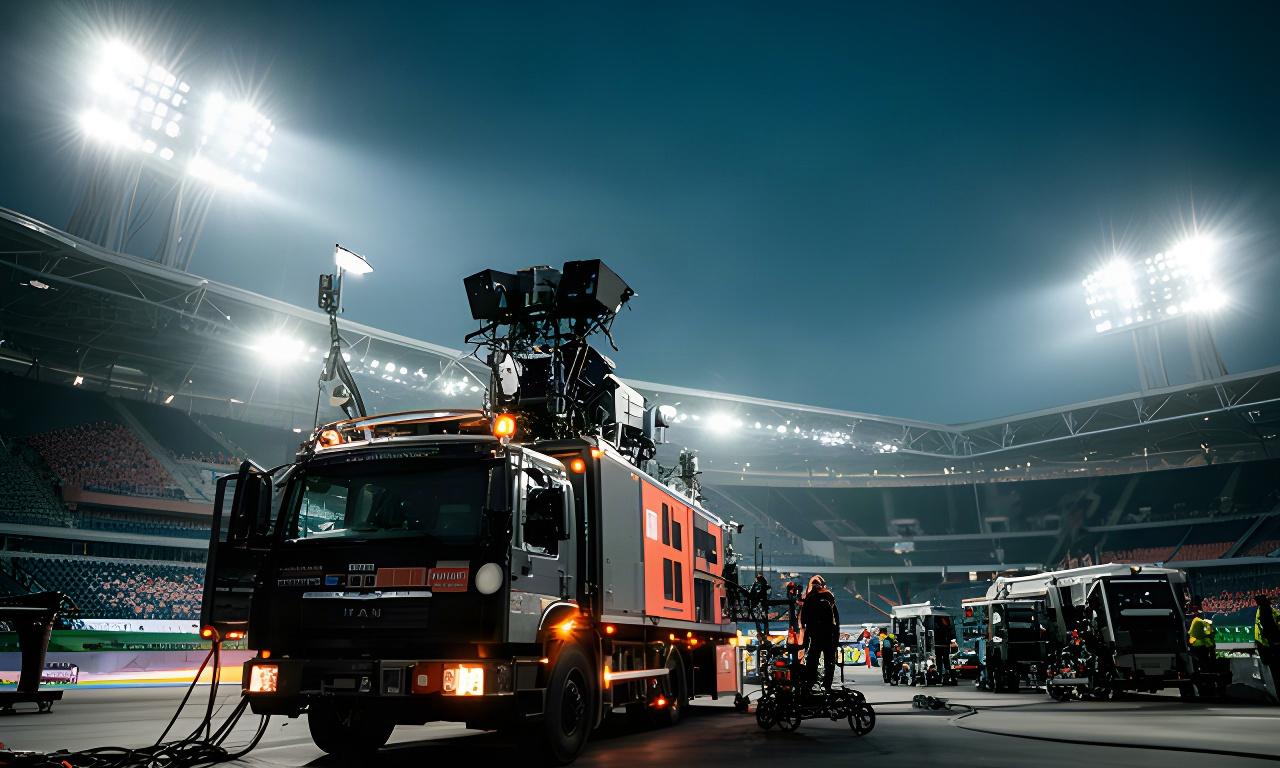 Technischer Ü-Wagen vor einem beleuchteten Stadion während einer österreichischen Live-Übertragung