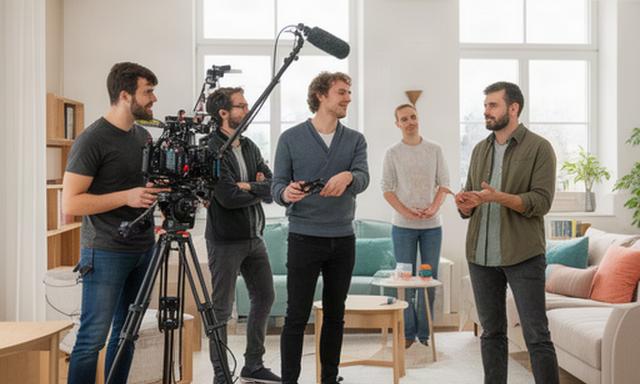 Kleine Filmcrew bei einer österreichischen Produktion in einem hellen Innenraum