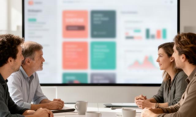 Redaktionsteam vor einer Mediathek-Analyse mit österreichischen Programmkacheln auf einem Bildschirm
